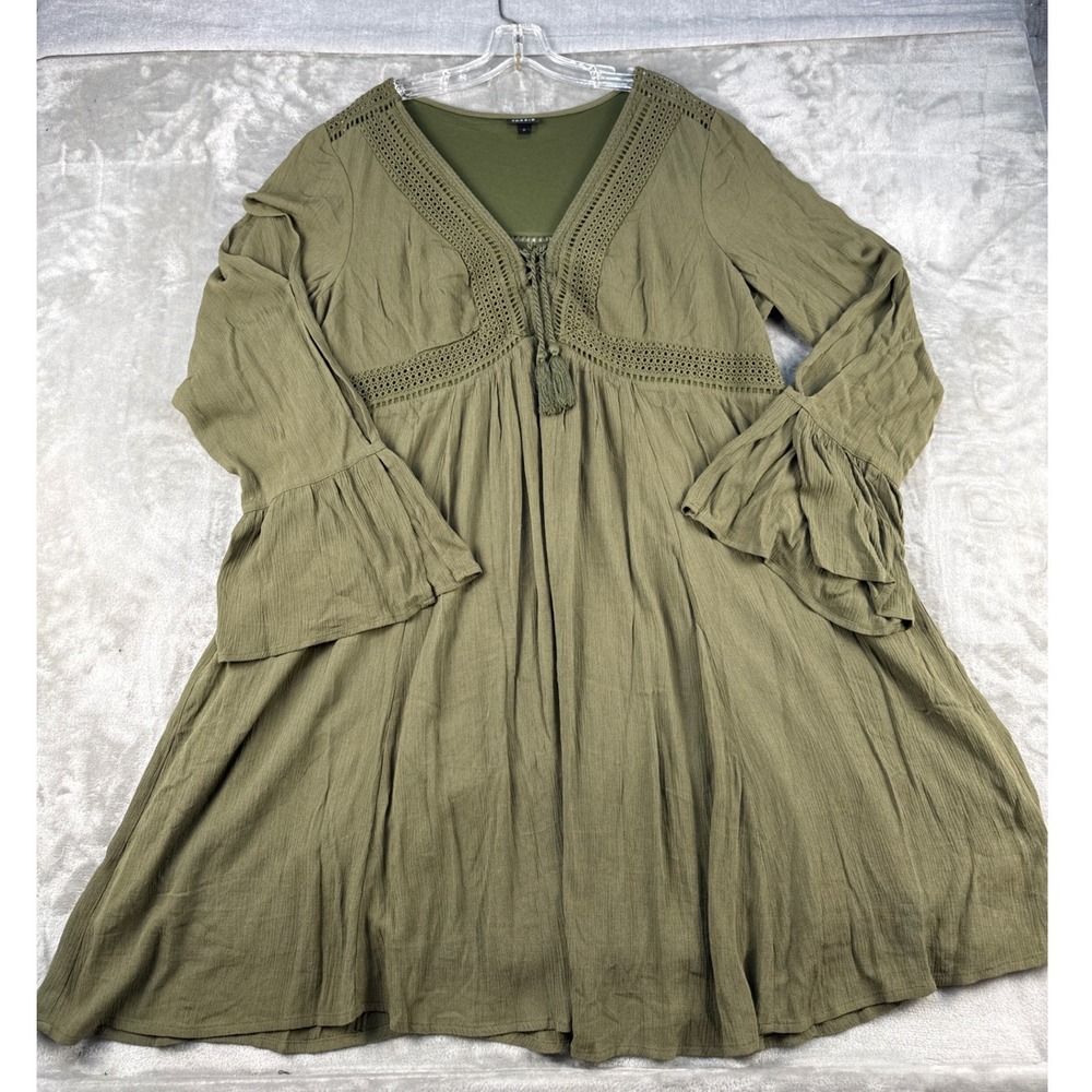 Torrid Dress Womens 2 Olive Green Crochet Lace Tassel Bell Sleeve EUC 11181435